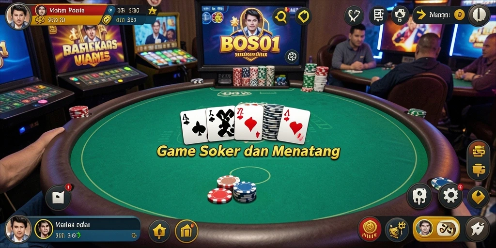 Tangkapan layar gameplay BOS01 menunjukkan suasana seru permainan poker.