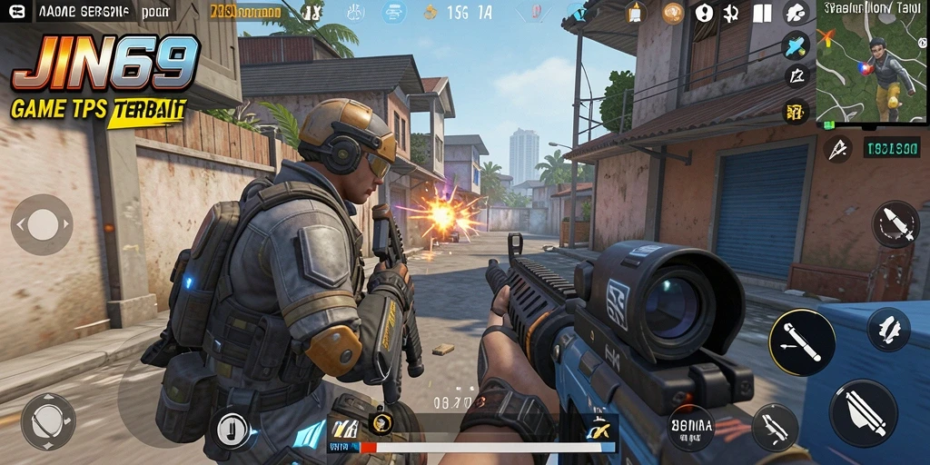 Tampilan gameplay menegangkan dalam JIN69 dengan aksi TPS yang mendebarkan.