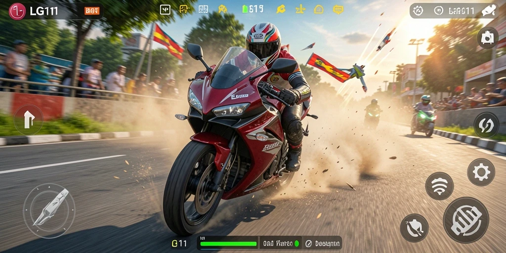 Screenshot gameplay LG111 yang menunjukkan balapan mendebarkan.