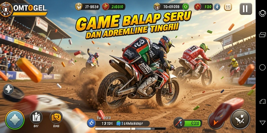 Screenshot gameplay OMTOGEL menampilkan balapan seru dan kendaraan keren.