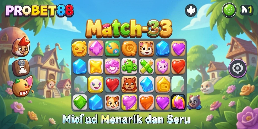 Tangkapan layar menampilkan gameplay Match-3 PROBET88 yang seru dan penuh warna.