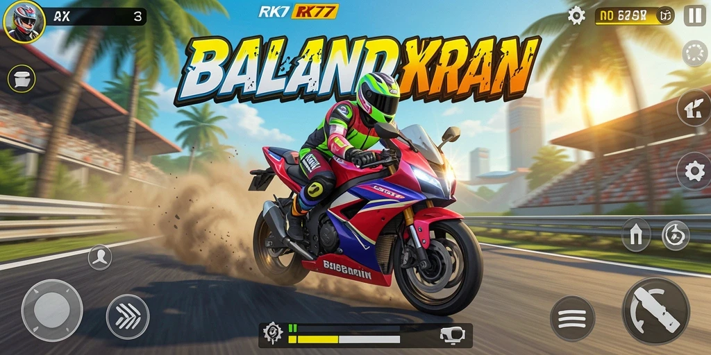 Tampilan gameplay seru di RK77 saat balapan motor.