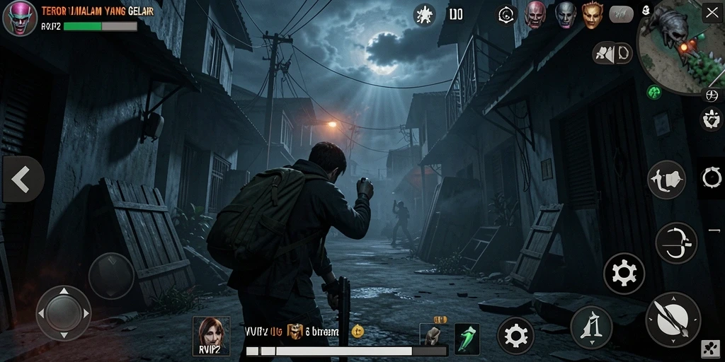 Screenshot menunjukkan pemain menjelajahi lingkungan gelap penuh ketegangan.