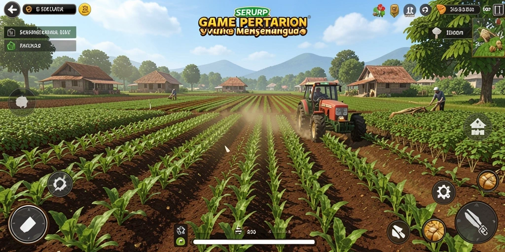 Tampilan gameplay SERURP dengan ladang pertanian yang hijau dan subur.