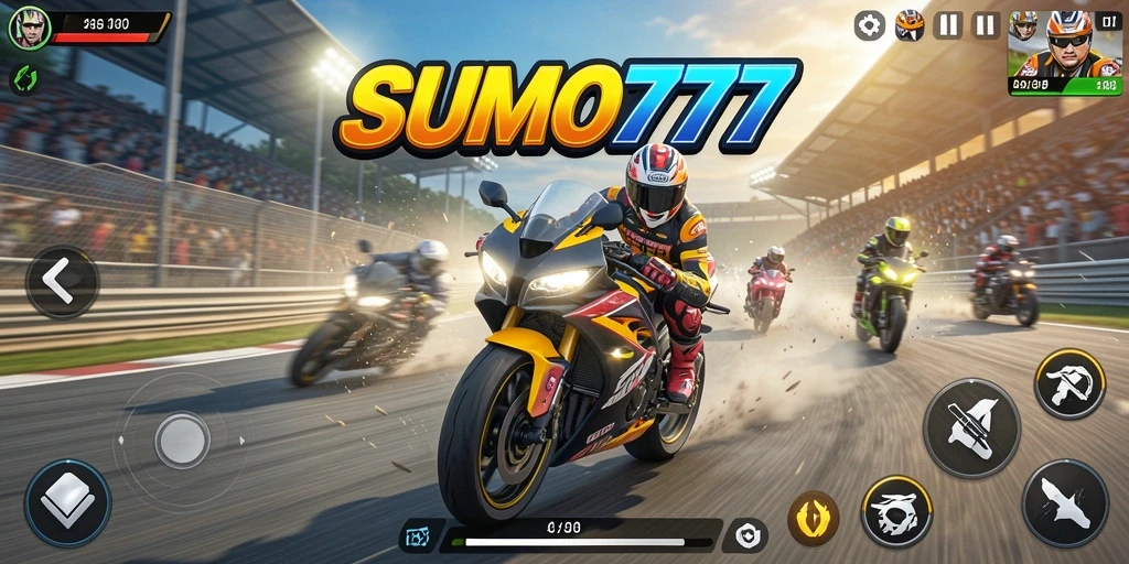 Screenshot SUMO777 menampilkan aksi balapan motor yang mendebarkan.