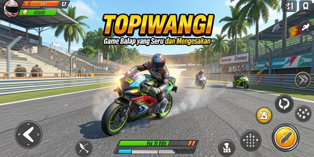 Screenshot utama gameplay TOPIWANGI menampilkan aksi balapan seru.